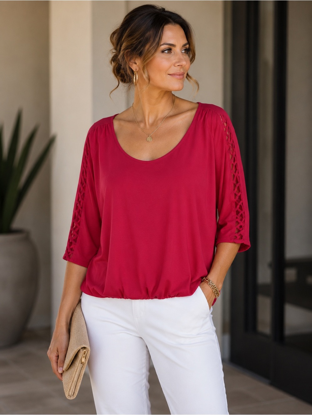 Perceptions Women blouse raspberry red scoop neck lattice sleeve elastic hem 1X
